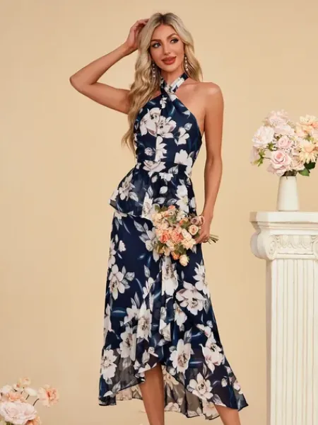 Shirin Halter Ruffle Chiffon Dress